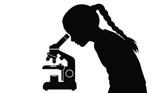 Silhouette illustration of a curious young girl intently observing a scientific microscope