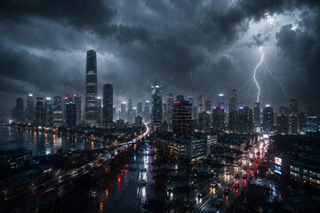 Fototapeta premium Dramatic storm over a modern city skyline with lightning strikes, heavy rain, glowing traffic, and towering skyscrapers, capturing extreme weather, urban resilience, and cinematic atmosphere.