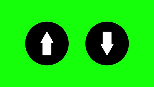 Up and down arrow icons on black circles with direction movement increase decrease progress navigation interface transfer download feedback on alpha channel.