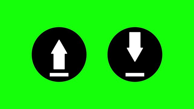 Up and down arrow icons on black circles with direction movement increase decrease progress navigation interface transfer download feedback on alpha channel.