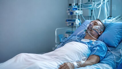 Obraz premium ICU Patient Receiving Oxygen Therapy With Copy Space