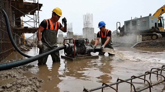 Construction workers operate submersible pumps in flooded site to remove excess water