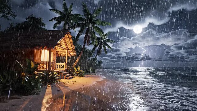 Tropical Beach Hut In Heavy Rain With Lightning Over Moonlit Ocean