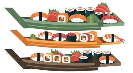 Obraz premium Assorted Sushi Platters with Nigiri and Rolls on Wooden Boats