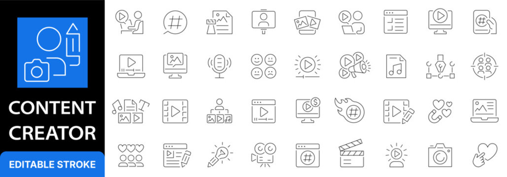 Content creator and digital marketing line icon set. Video blogging, podcasting, social media copywriting and vlogging outline symbols. Editable stroke.