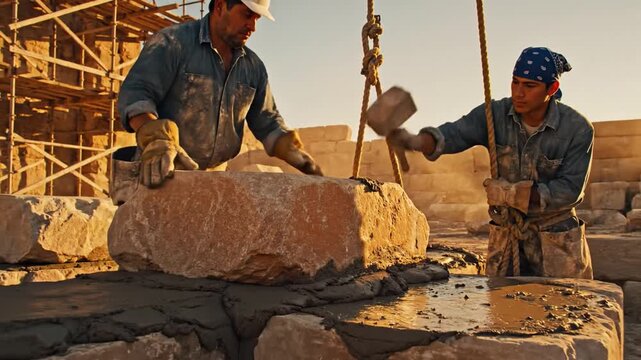 Skilled workers meticulously lay foundation stones for a historic building project under bright sunlight, showcasing dedicated construction effort.