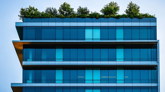 Modern sustainable office building facade with a lush rooftop garden and energy efficient blue glass windows architecture