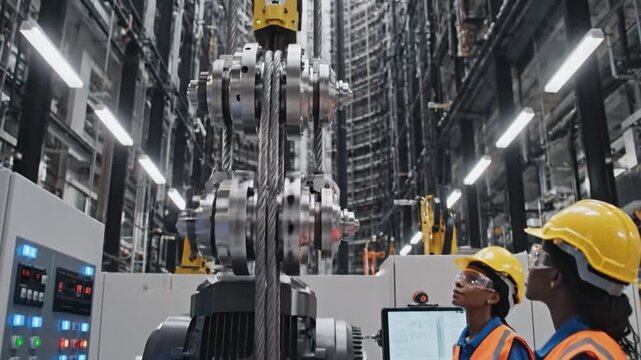 Skilled workers oversee the installation of a state-of-the-art elevator system in a modern industrial facility.