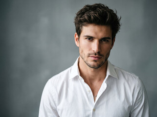 Fototapeta premium Handsome young man wearing white shirt standing against gray background posing for headshot.