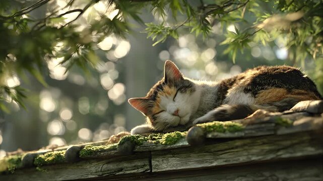 Sleeping calico cat resting on a mossy wooden roof beneath sunlit green leaves