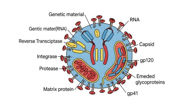 Detailed diagram of HIV virus structure with labeled components