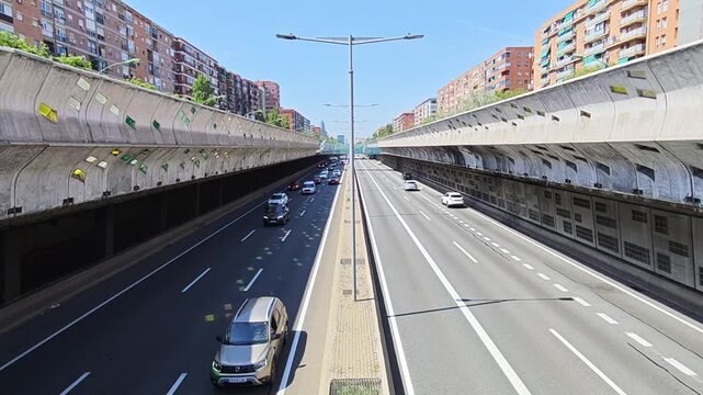 Traffic Flow on Gran Via de les Corts Catalanes in Barcelona from Bridge View