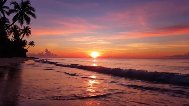 Stunning sunset over the ocean with palm trees on the beach, beautiful colors.