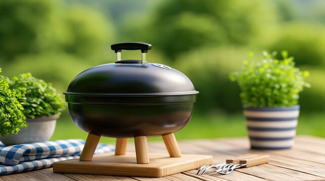 Outdoor Barbecue Grill on a Wooden Table with Greenery and Blue Gingham Napkin