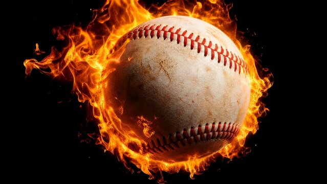 A fiery baseball isolated against darkness, showcasing vibrant flames in a striking close-up.
