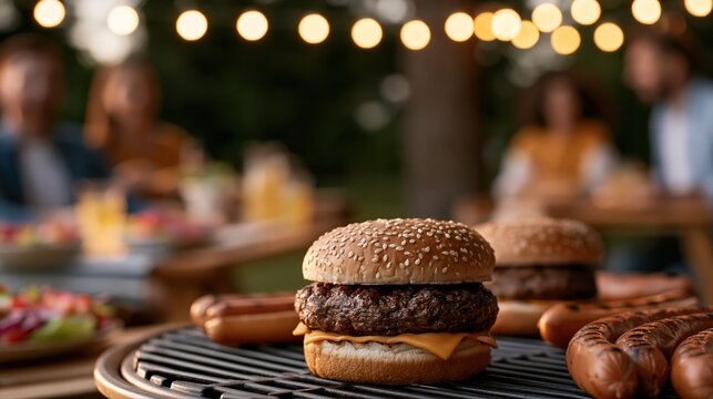 Summer backyard barbecue with grilled burgers and hot dogs, friends enjoying outdoor dining under string lights