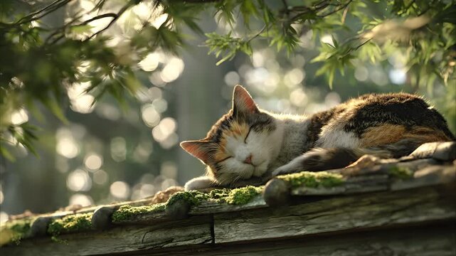 Calico cat sleeping peacefully on an old mossy wooden roof under tree shade with sunlight filtering through leaves