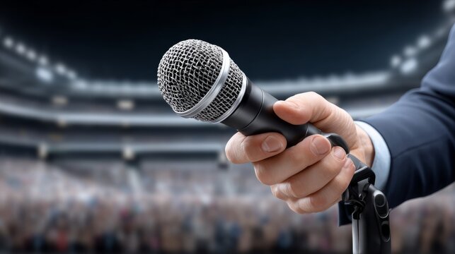 Speaker holds microphone ready for important announcement at public event