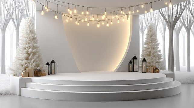 Winter holiday celebration stage with white decoration and warm illumination against a frosted forest backdrop