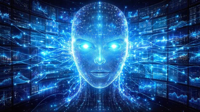 Glowing digital face of artificial intelligence analyzing financial data on multiple screens. Lockdown shot of futuristic neural network concept.