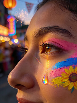 Young woman with abstract face paint crying tear of joy during outdoor festival