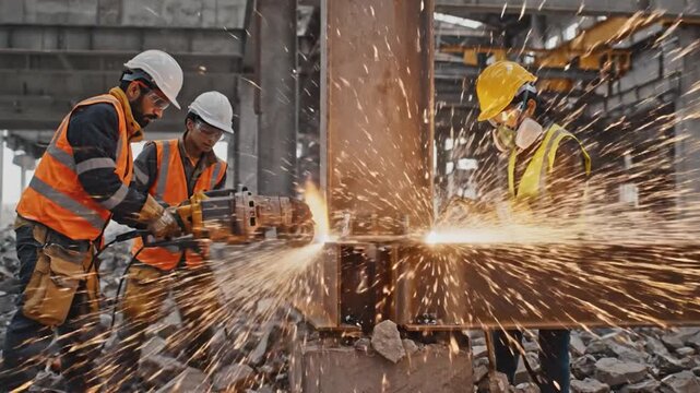 Skilled workers perform metal cutting and welding with sparks flying on a construction site