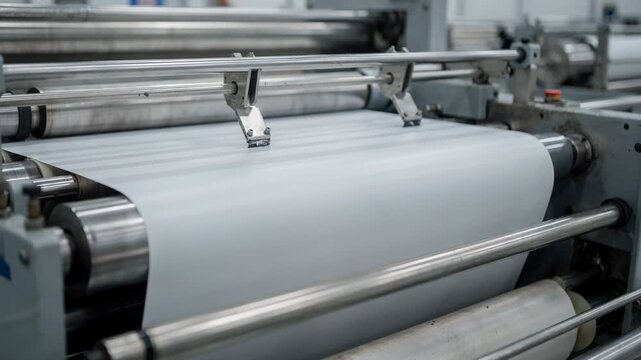 Footage of thermal paper ticket production line capturing the coating process as the heatsensitive layer is uniformly applied to ensure clear printing for event entry.