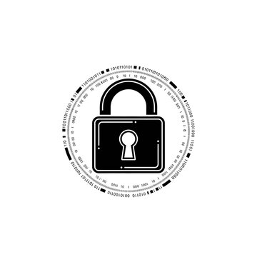 Security padlock icon with binary code ring on white background