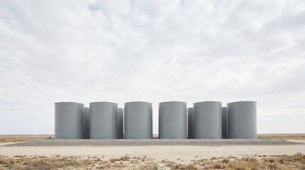 Obraz premium Row of large industrial storage tanks in an arid landscape under a cloudy sky, representing bulk liquid storage, energy infrastructure, fuel reserves and supply chain logistics.