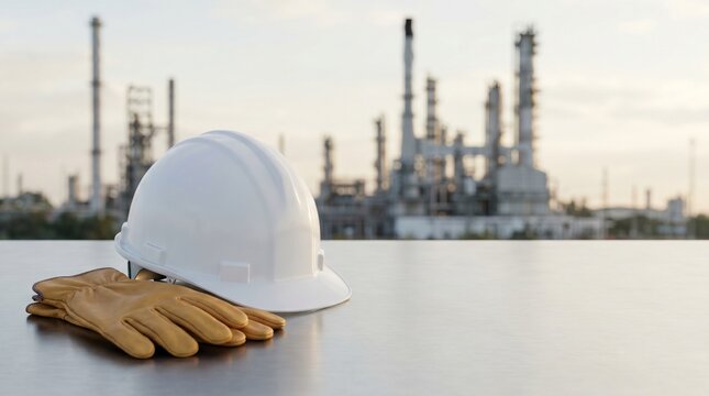 White hard hat and leather work gloves on a table with a blurred oil refinery in the background, representing industrial safety, engineering, energy production and workplace protection.
