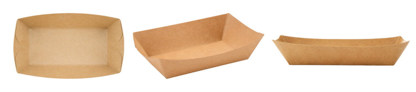 Eco-friendly kraft paper food tray isolated on a light background, shown in top, angled, and front views. Disposable biodegradable packaging container suitable for street food, snacks, takeaway meals,
