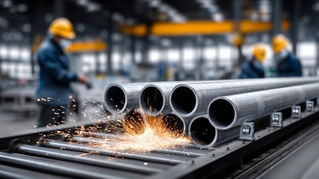 Workers focus on precision and safety while shaping steel pipes, creating dynamic sparks in a bustling factory