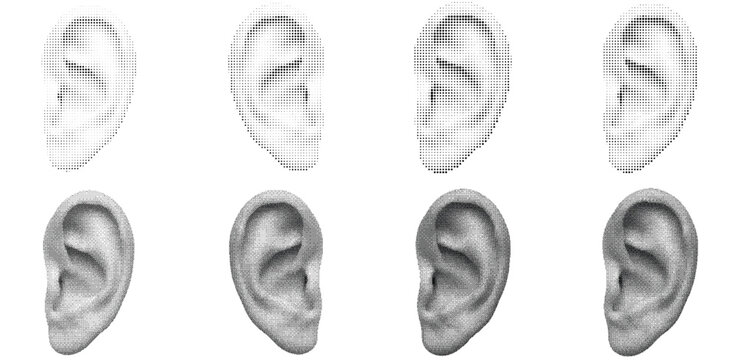 Human ear anatomy halftone vector illustration set, dithered retro style acoustic and hearing graphics.