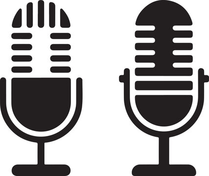 Microphone icons illustrate two vintage style audio recording devices with vertical grills and circular stands intended for podcasting, broadcasting, and professional sound production applications.