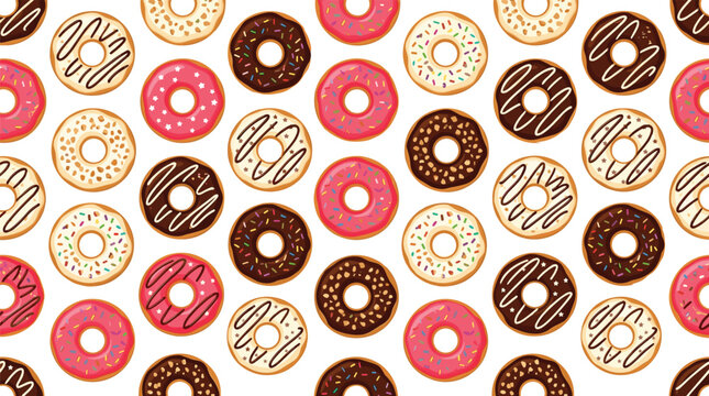 Donut Seamless Pattern Featuring Colorful Glazed Doughnuts, Sprinkles, Chocolate Frosting, and Sweet Bakery Vector Background Design