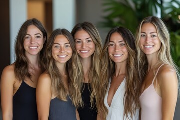 Fototapeta premium Group of five young women standing together and smiling at the camera with a blurred background.