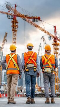 Construction Site Supervision: Three construction workers wearing hard hats and safety vests stand looking at a bustling construction site with numerous cranes and buildings under development.