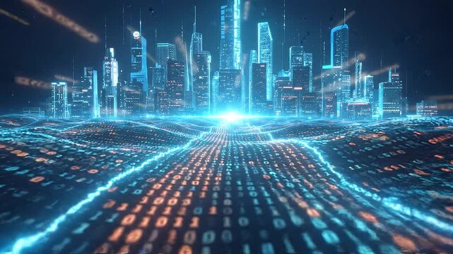 Glowing digital city skyline with binary data stream. Futuristic urban landscape with high-tech data flow and network connectivity. Panning camera shot.