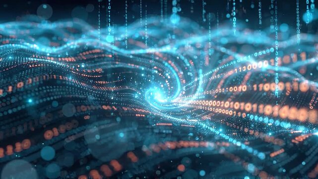 Abstract data visualization with flowing binary code and glowing particle waves. Panning shot of digital information stream.