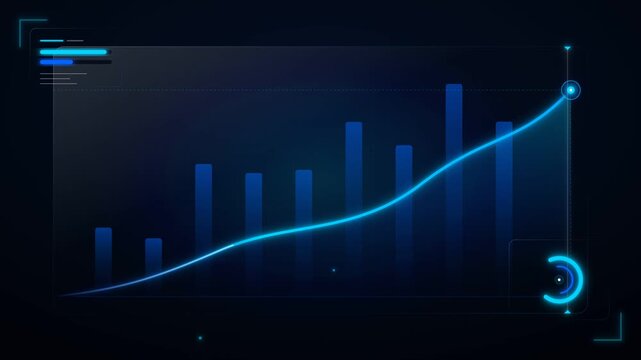 Growing blue bar chart analytics dashboard displaying financial progress with glowing neon lines in this seamless digital motion video clip