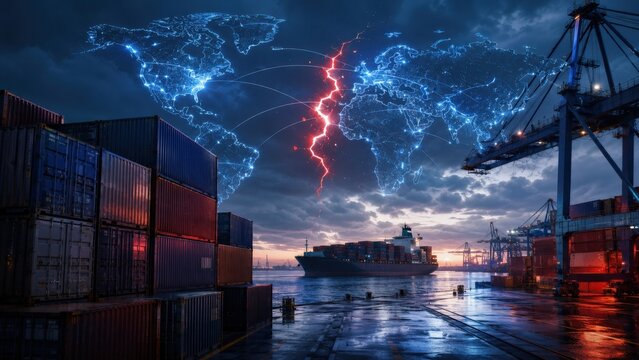 A Dramatic Shipping Port Scene at Dusk with a Cargo Ship, Global Trade Networks, and Futuristic Visuals Representing Connectivity and Commerce