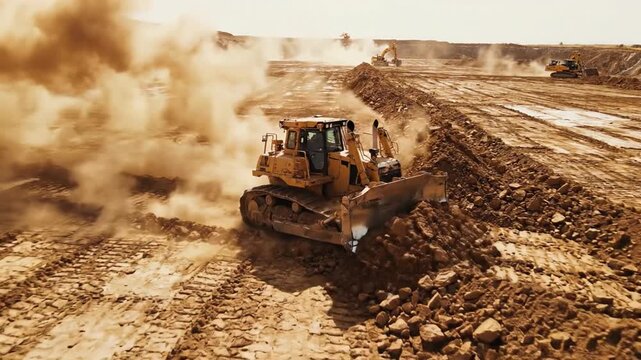 Massive Yellow Bulldozer Operates at Busy Construction Site Pushing Earth and Creating Dust Plumes