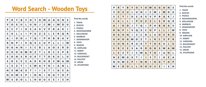 Word search puzzle featuring various Wooden Toys and games  