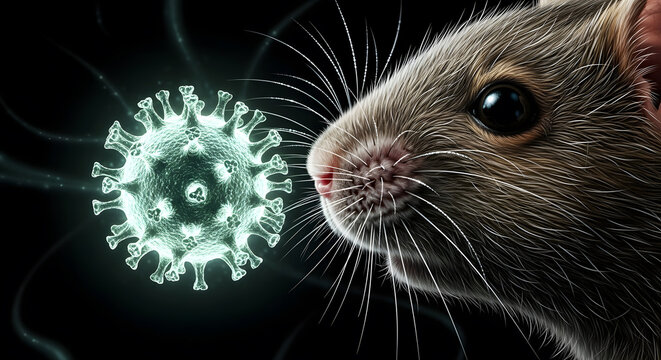 Macro Close-up of a Rodent Sniffing a Glowing Green Pathogen, Respiratory Virus and Zoonotic Disease Concept