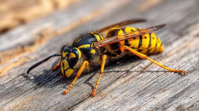 Detailed Macro View of a Yellow and Black Striped Wasp with Formidable Sting on Wooden Surface