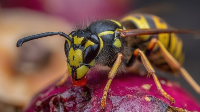 Extreme Macro View of a Striking Yellow and Black Striped Wasp Examining a Textured Purple Surface