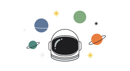 Minimalist hand drawn astronaut helmet with colorful planets and stars. © Asmaul Husna