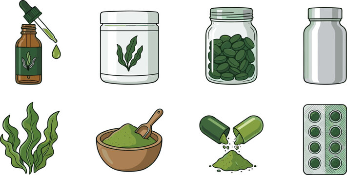 Seaweed Supplement and Herbal Wellness Illustration Collection Featuring Algae Powder, Capsules, Extract Bottles, and Natural Health Vector Designs