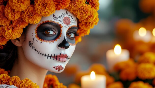 Beautiful woman with traditional sugar skull makeup for Day of the Dead celebration.