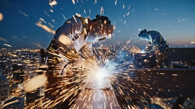 Skilled workers performing intricate welding at dizzying heights amidst city lights at night